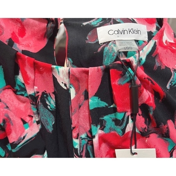 Calvin Klein Sz L Black Pink Floral Watercolor Slinky Pleated Blouse Top NWT NEW - Picture 4 of 7